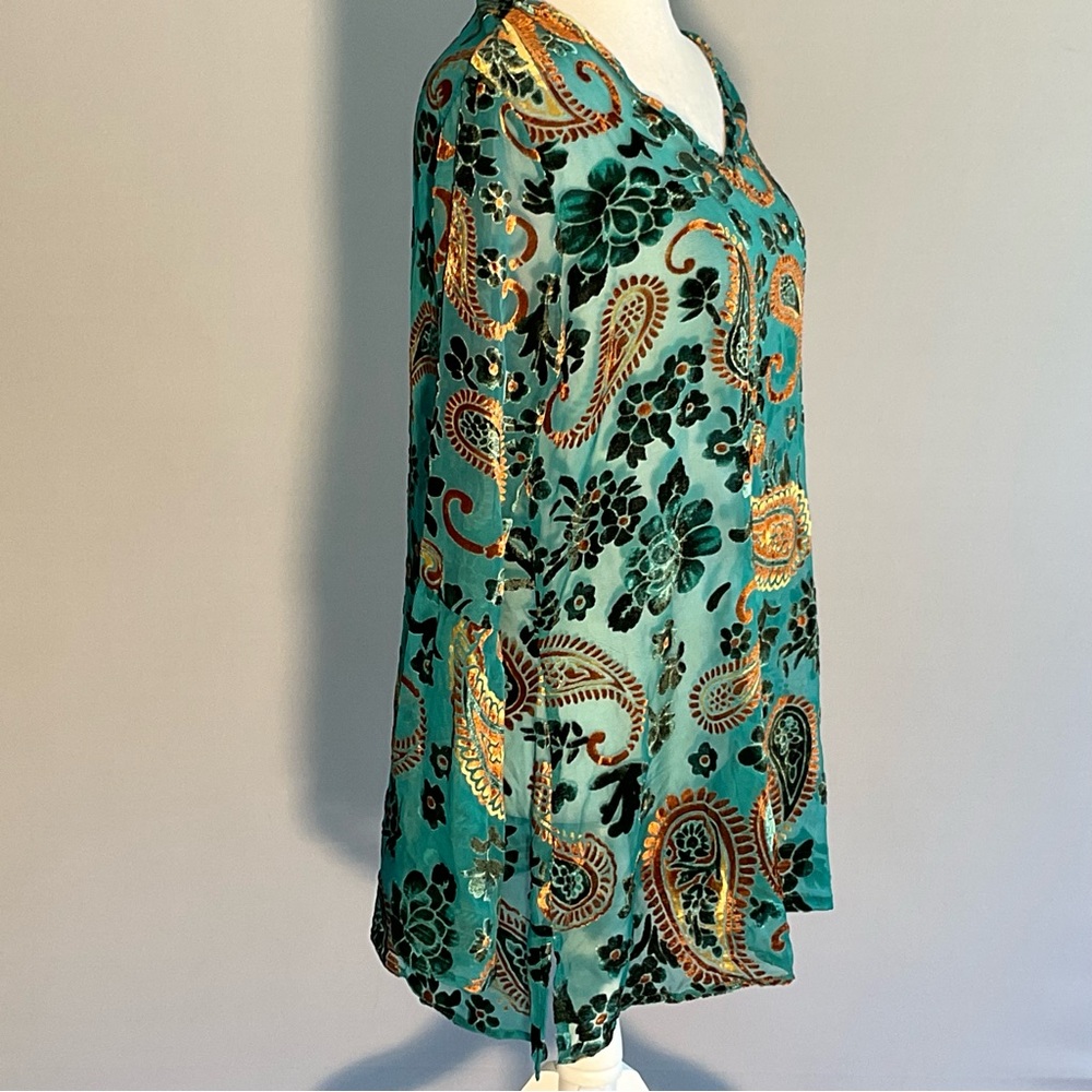 Velvet Burnout Boho Blouse Teal Paisley Tunic Festival Top S - Picture 4 of 16